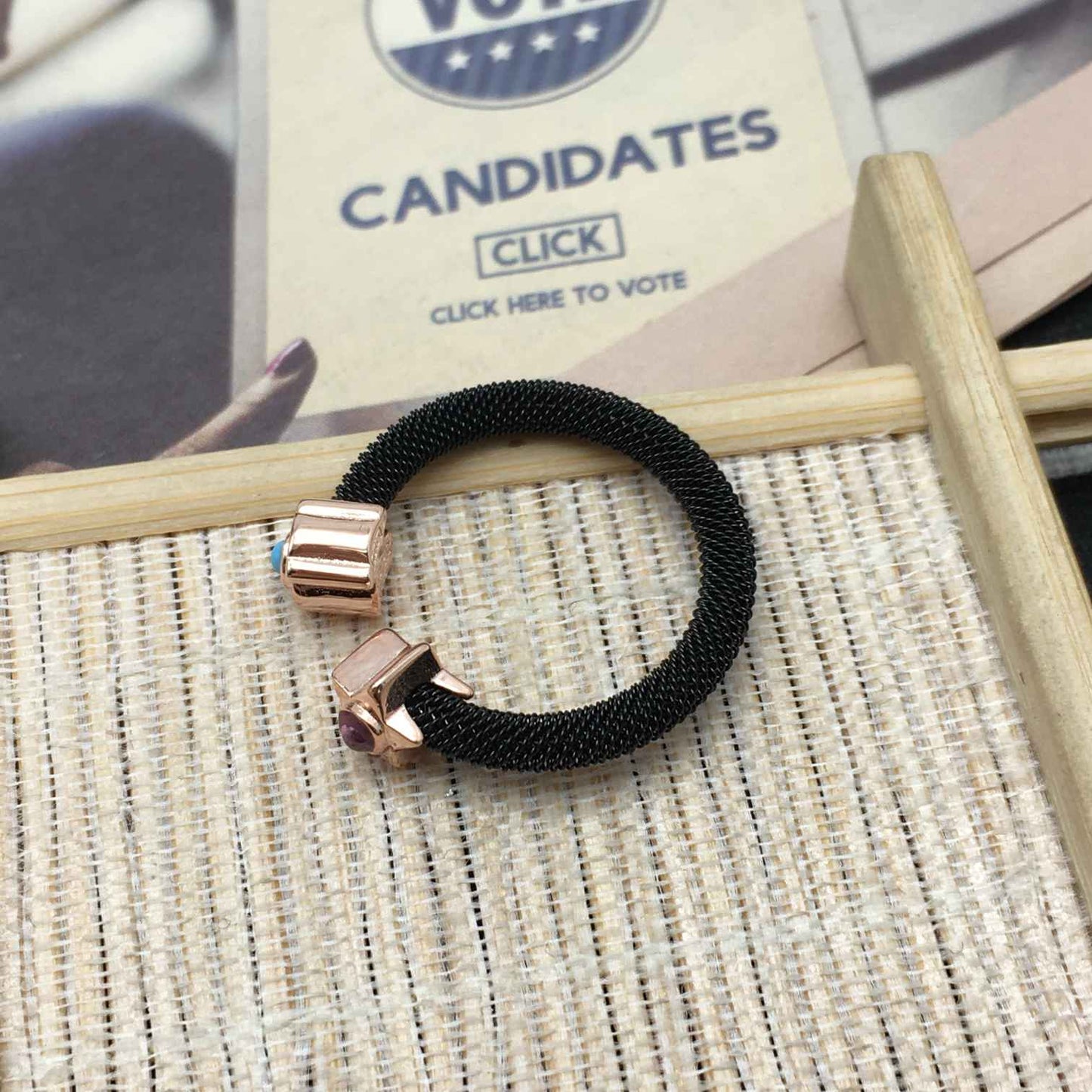 Steel TOUS Icon Mesh Ring with Pearl Bear motif and star motif with blue