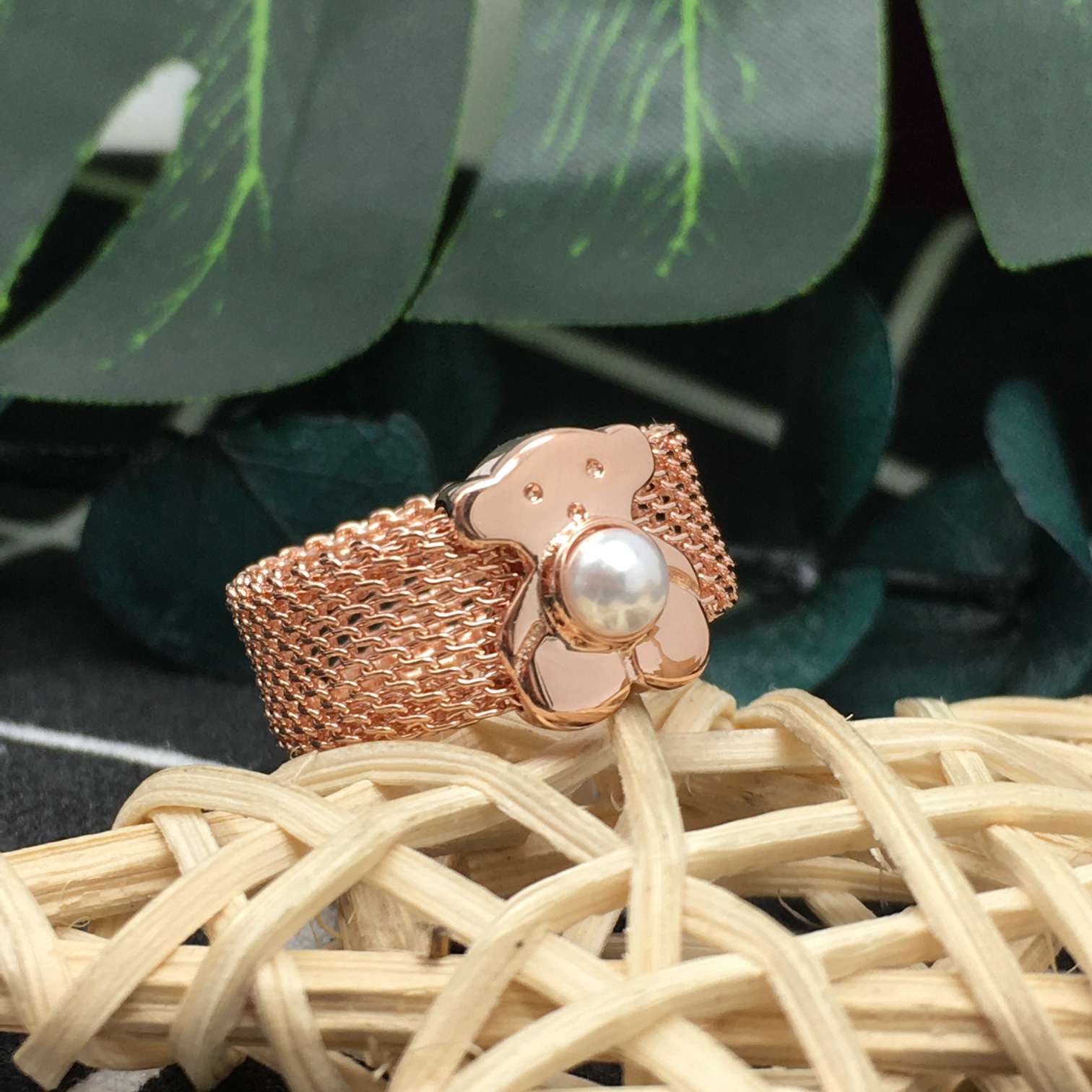 Wide rose IP Steel and Rose Silver Vermeil Real Sisy Ring with Pearl
