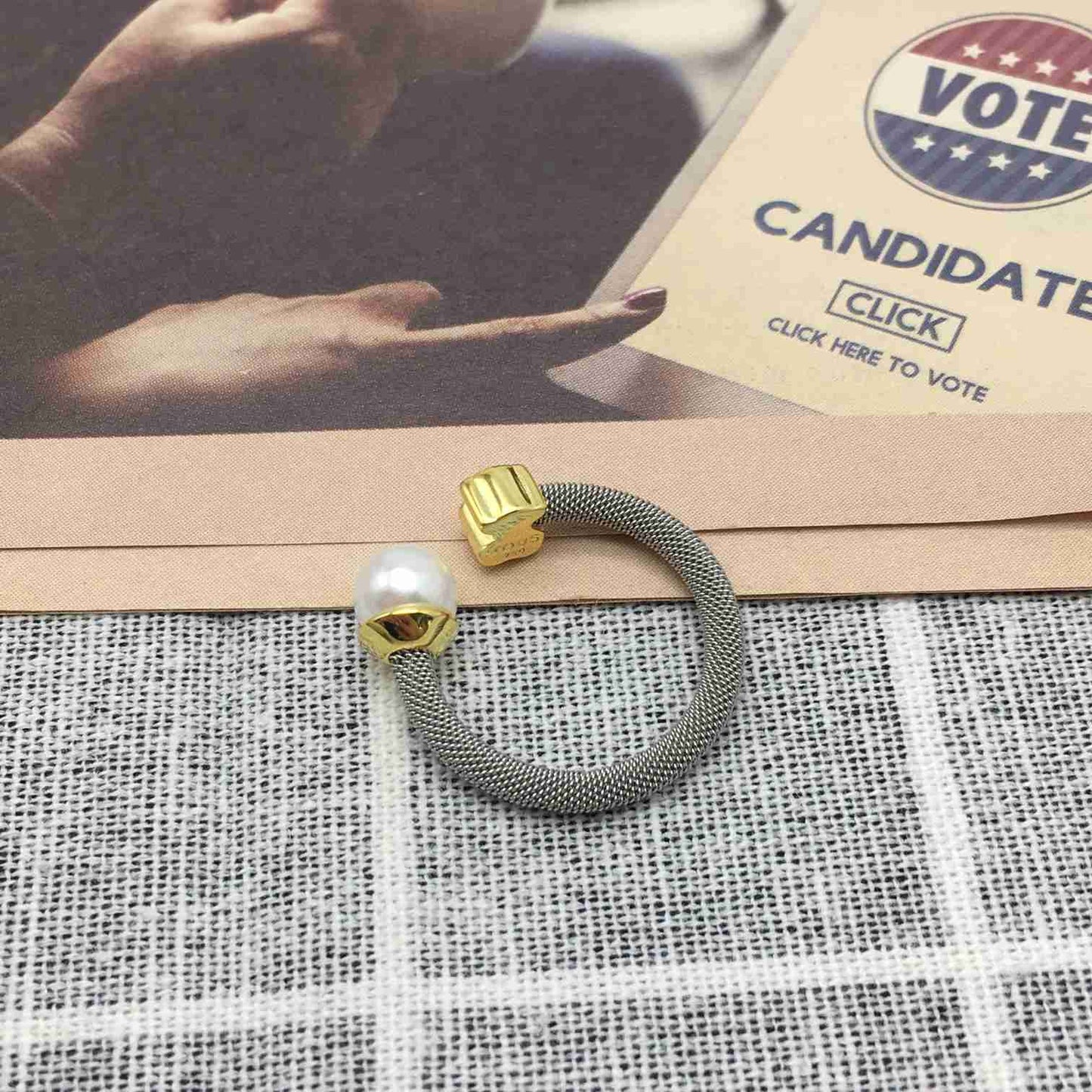 Steel and Gold Icon Mesh Ring with Pearl Bear motif