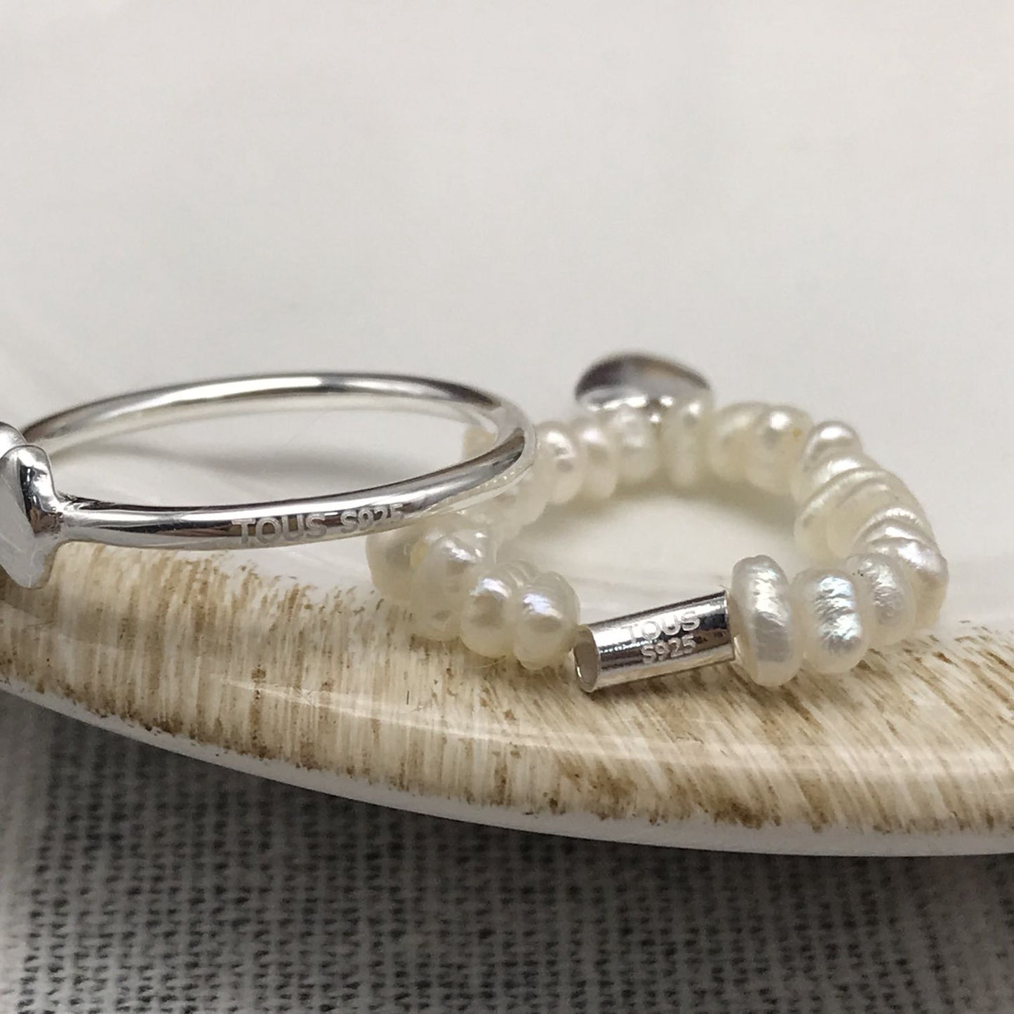 Silver and cultured pearls Mini Icons heart and bear Ring set