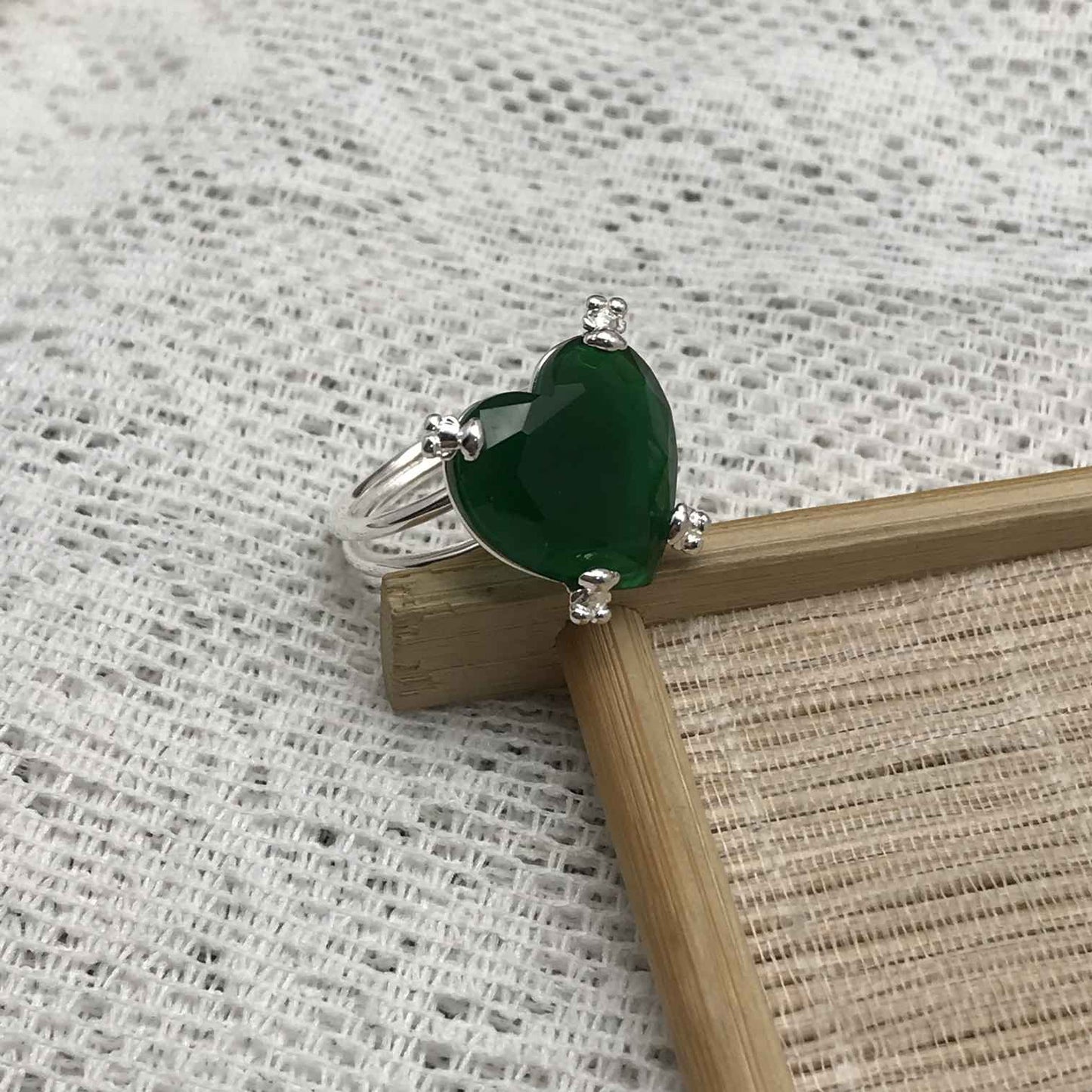 Silver green Pills Heart ring with treated chalcedony