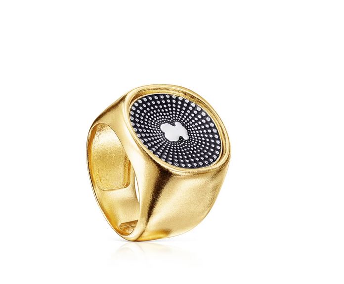 Oursin silver vermeil ring with sterling silver bear and black enamel