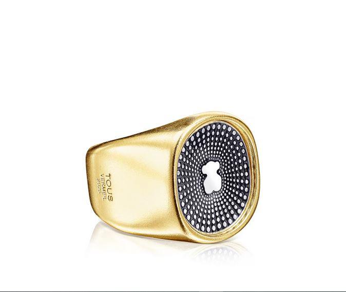 Two-tone Oursin silver vermeil ring with sterling silver bear and black enamel
