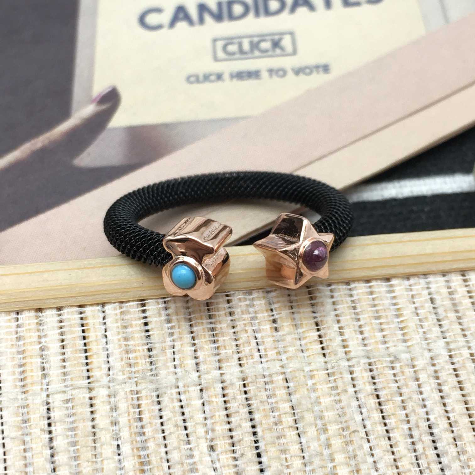 Steel TOUS Icon Mesh Ring with Pearl Bear motif and star motif with blue