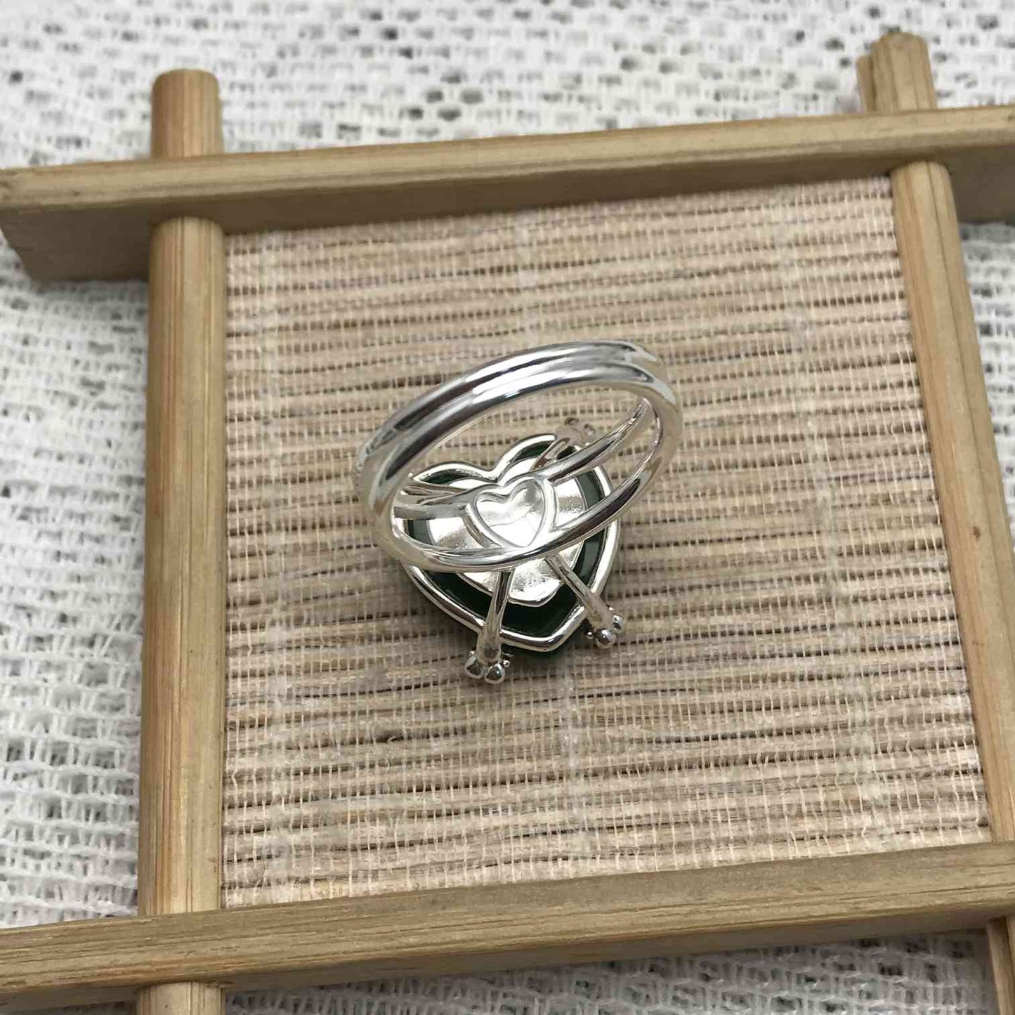 Silver green Pills Heart ring with treated chalcedony
