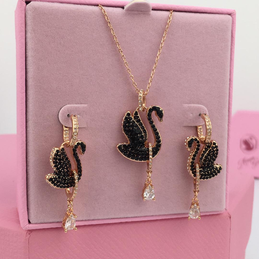 Set Swan pendant earrings, Swan, Black, Rose gold-tone plated | Swarovski