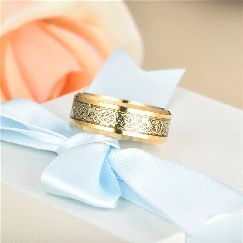 Fashion Couple Rings Luxury Gold Color Women Rhinestones Zircon Rings Set Men Stainless Steel Celtic Dragon Ring Wedding Jewelry