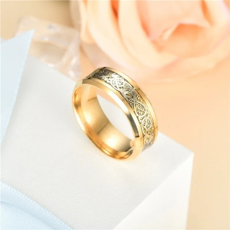 Fashion Couple Rings Luxury Gold Color Women Rhinestones Zircon Rings Set Men Stainless Steel Celtic Dragon Ring Wedding Jewelry