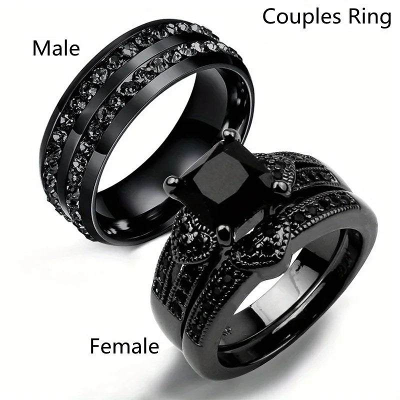 Trendy Couple Rings Women Black Heart Crystal CZ Rings Set Men's Two Rows Black CZ Stone Stainless Steel Ring Wedding Jewelry