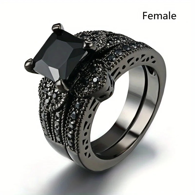 Trendy Couple Rings Women Black Heart Crystal CZ Rings Set Men's Two Rows Black CZ Stone Stainless Steel Ring Wedding Jewelry