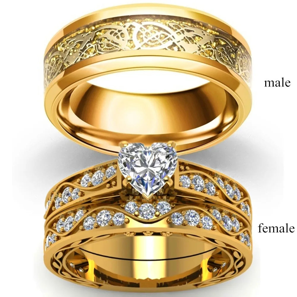 Fashion Couple Rings Luxury Gold Color Women Rhinestones Zircon Rings Set Men Stainless Steel Celtic Dragon Ring Wedding Jewelry