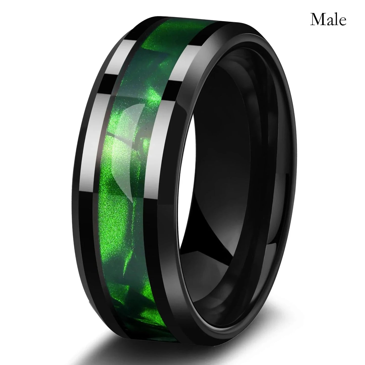 Romantic Couple Rings Women Heart Green Rhinestones Zircon Ring Men Stainless Steel Abalone Shell Ring Wedding Jewelry