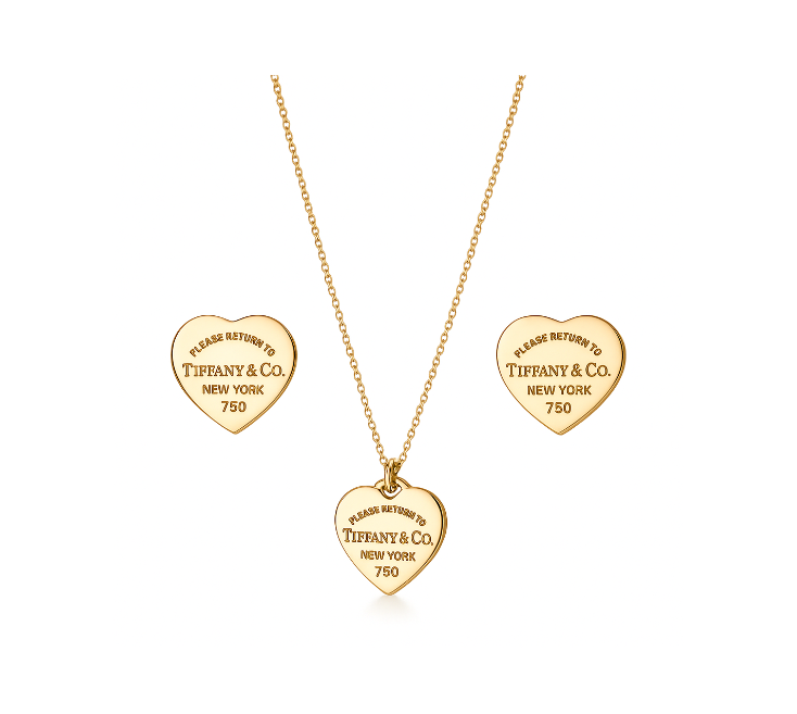 Return to Tiffany® double Heart Tag Stud Earrings and necklace set in Yellow Gold,