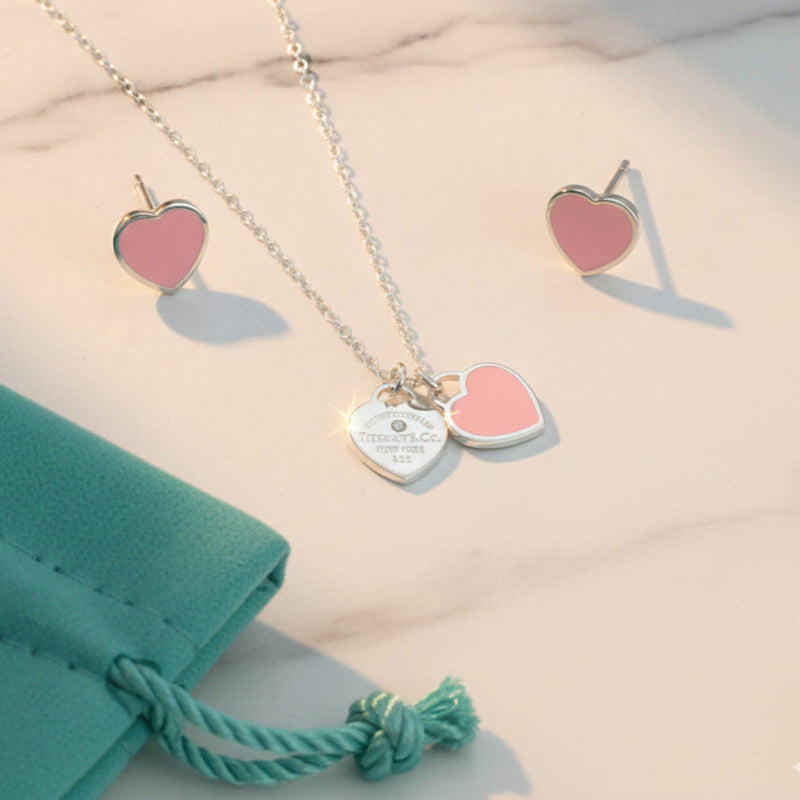 Set of Tiffany & Co Return to Tiffany Small Pink Heart Stud Earrings Silver Necklace earrings
