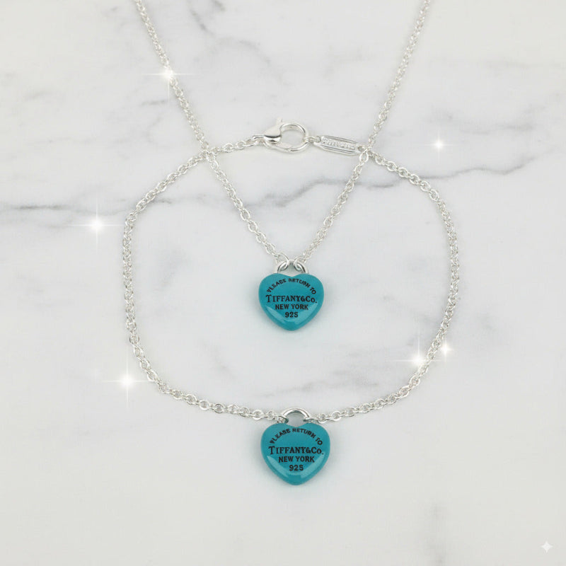 Set of Tiffany & Co Return to Tiffany Small Green Heart Stud Earrings Silver Necklace Bracelets