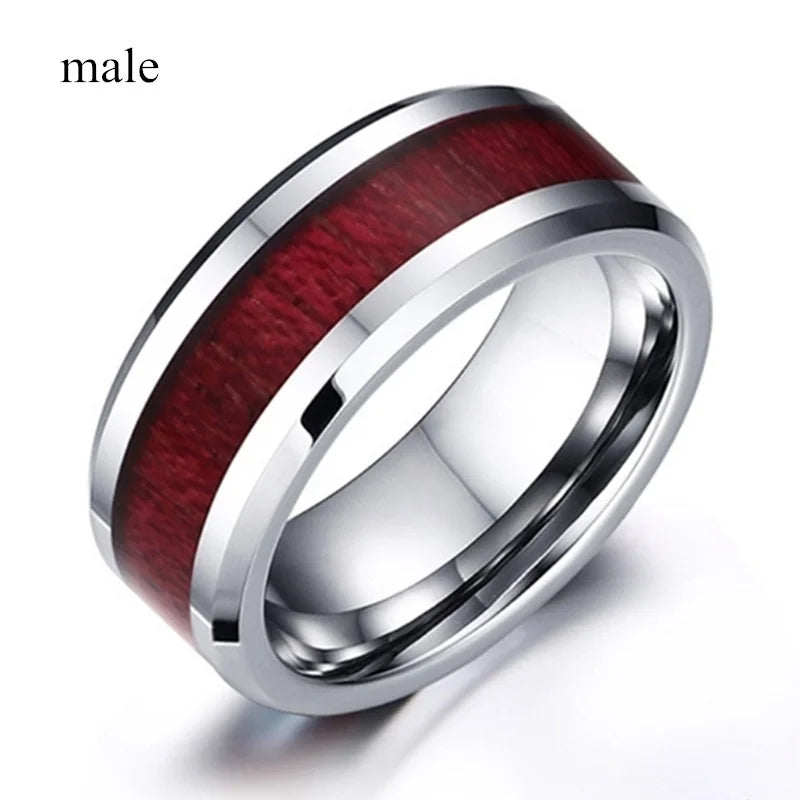 Fashion Couple Rings Women Heart White Crystal CZ Rings Set Red Wood Inlay Men's Stainless Steel Ring Wedding Band Jewelry Gift