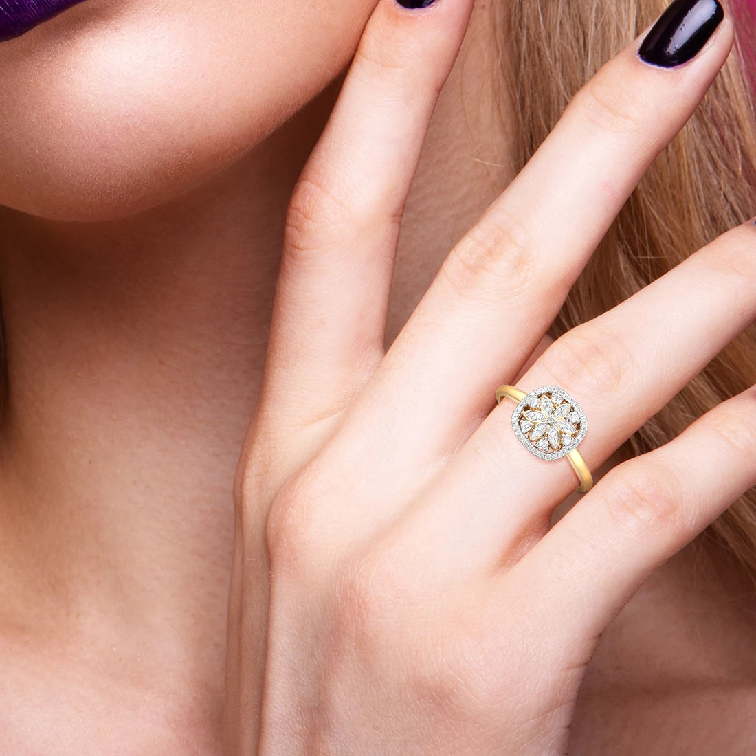 Genuine 14K 585 Yellow Gold Ring For Women Sparkling Diamond Flower Ring Delicate Wedding Engagement Trendy Fine Jewelry