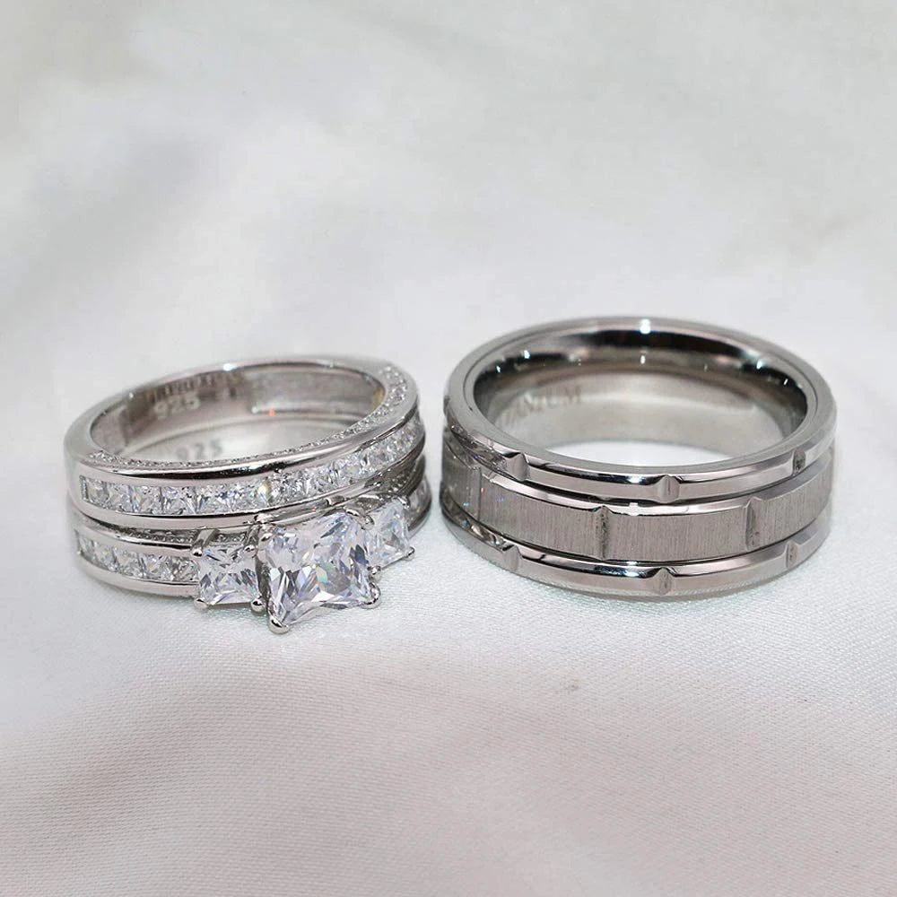 Rings Women Exquisite Rhinestones Zirconia Rings Set Simple Stainless Steel Men Ring Fashion Jewelry For Lover Gifts