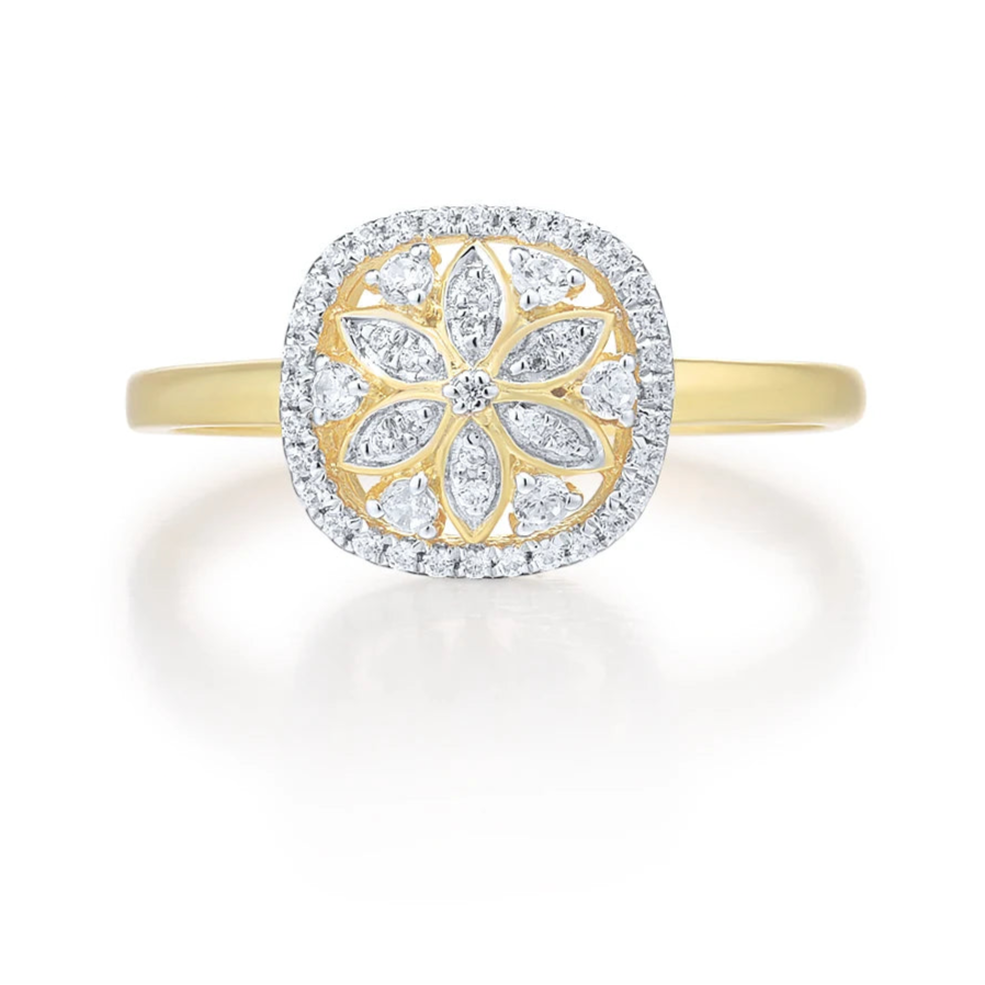 Genuine 14K 585 Yellow Gold Ring For Women Sparkling Diamond Flower Ring Delicate Wedding Engagement Trendy Fine Jewelry