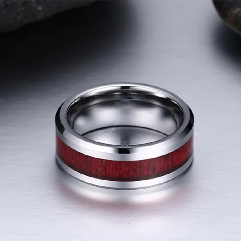 Fashion Couple Rings Women Heart White Crystal CZ Rings Set Red Wood Inlay Men's Stainless Steel Ring Wedding Band Jewelry Gift