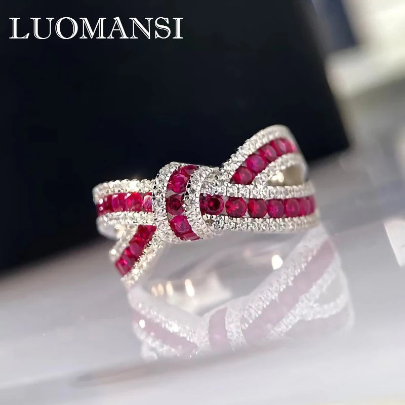 Natural Ruby Bow Gemstone Ring S925 Sterling Silver Romantic Woman Anniversary Party High Jewelry