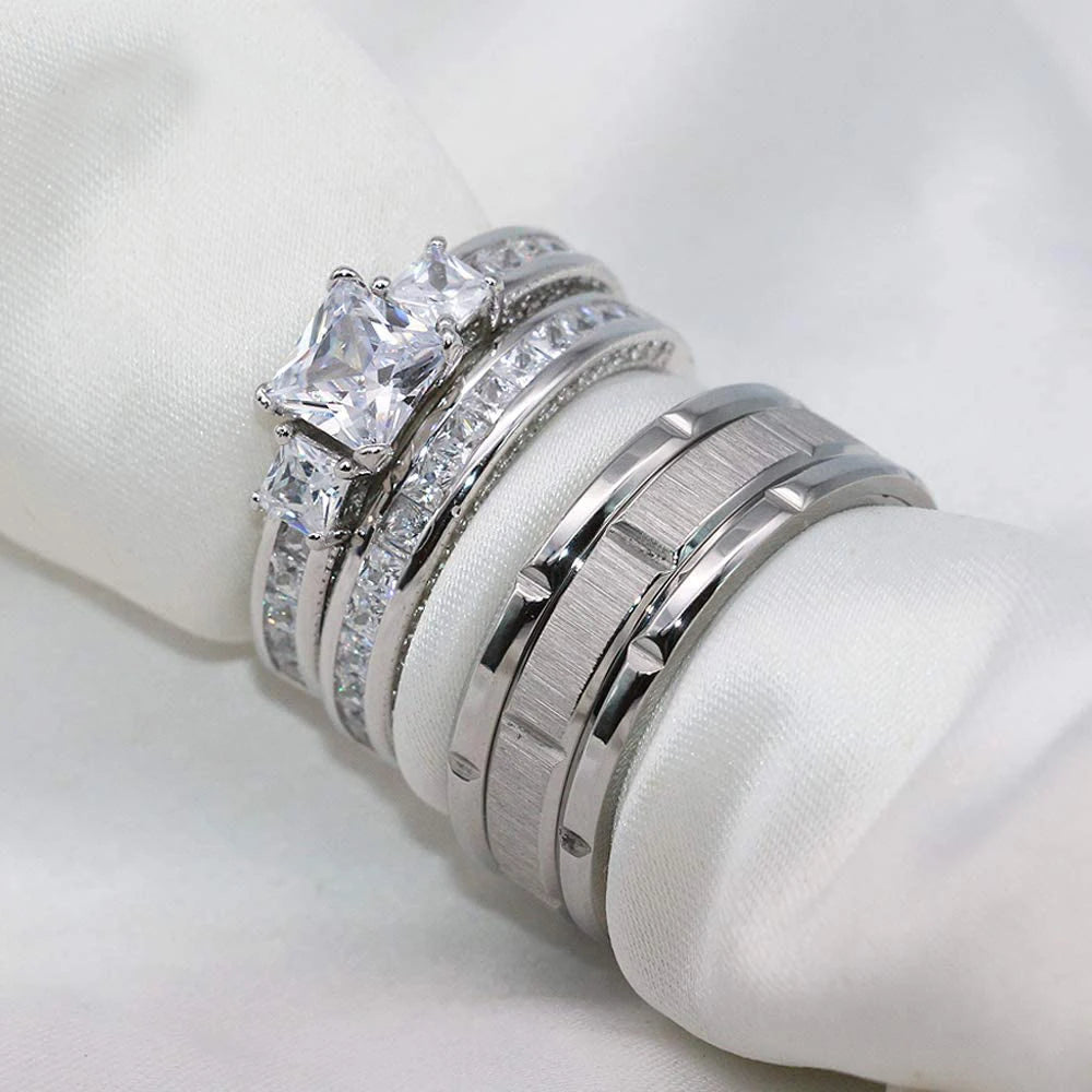 Rings Women Exquisite Rhinestones Zirconia Rings Set Simple Stainless Steel Men Ring Fashion Jewelry For Lover Gifts