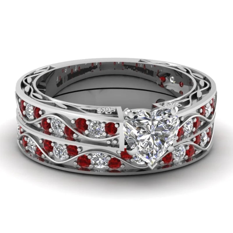 Fashion Couple Rings Women Heart White Crystal CZ Rings Set Red Wood Inlay Men's Stainless Steel Ring Wedding Band Jewelry Gift