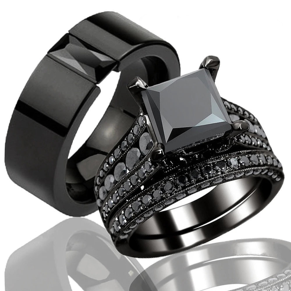 Couple Lovers Rings Women's Black Zircon Engagement Ring Set Men's Stainless Steel Wedding Band Anniversary Gift