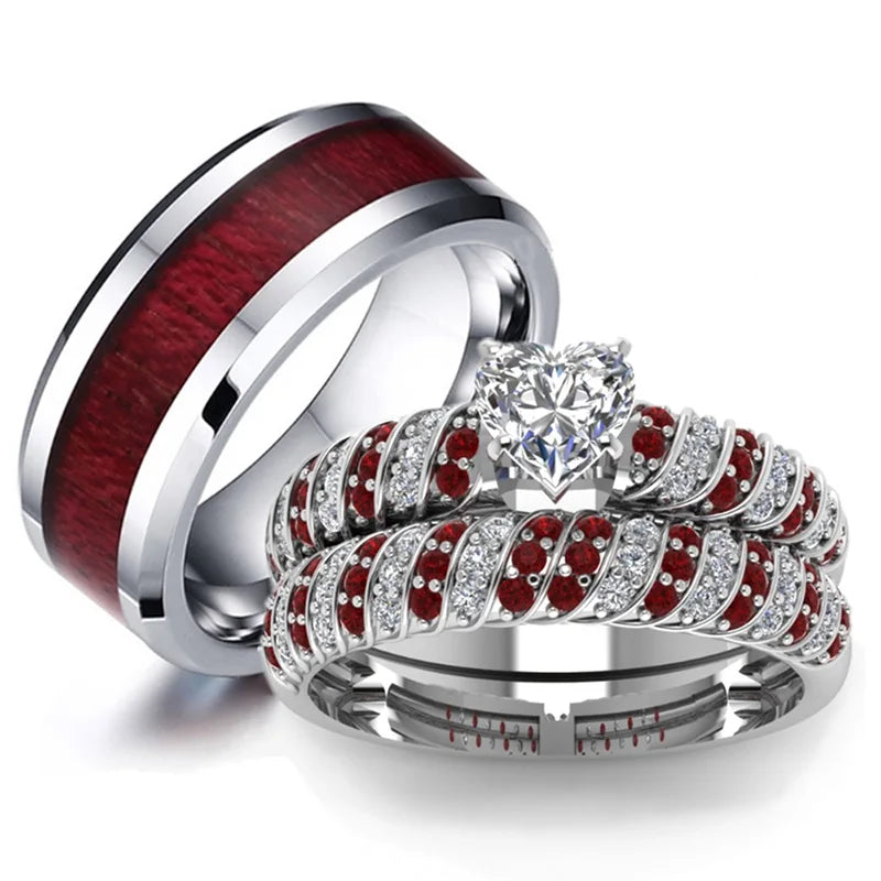 Fashion Couple Rings Women Heart White Crystal CZ Rings Set Men's Red Wood Inlay Stainless Steel Ring Wedding Band Jewelry
