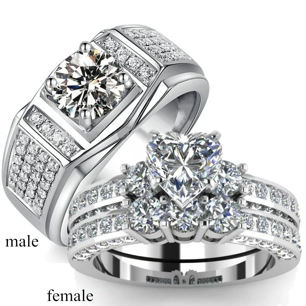 Trendy Rings Women's Heart White Crystal Rhinestones Rings Set Men's CZ Stainless Steel Ring Wedding Engagement Jewelry