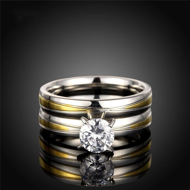 Couple Rings Women White Crystal Rhinestones Rings Set Men Stainless Steel Rings Wedding Band Jewelry Gifts For Lover