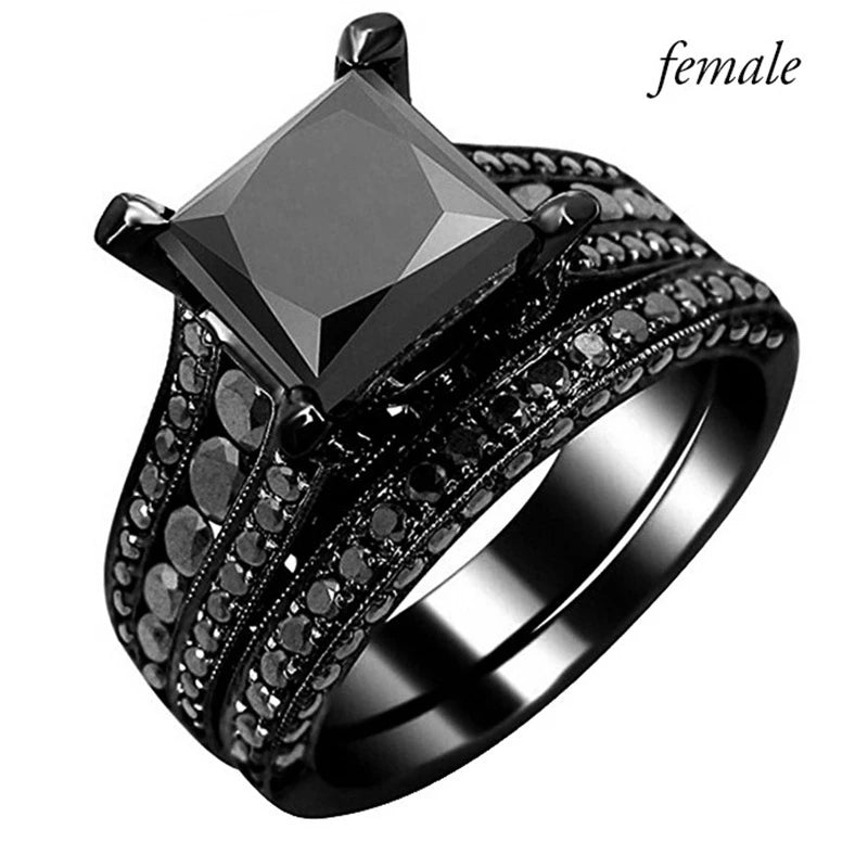 Couple Lovers Rings Women's Black Zircon Engagement Ring Set Men's Stainless Steel Wedding Band Anniversary Gift