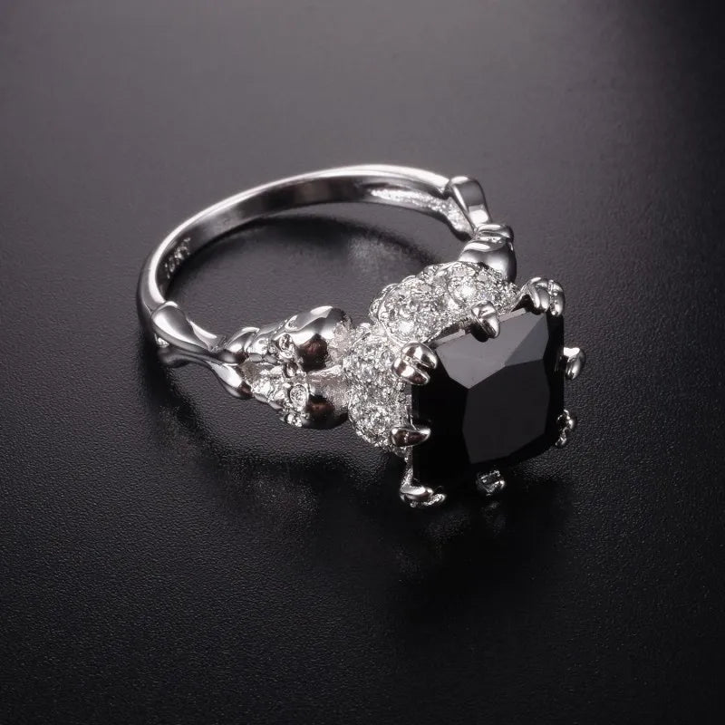 10KT White Gold Skull Ring with 4CT Black Obsidian: Unique Punk Jewelry for Women & Men