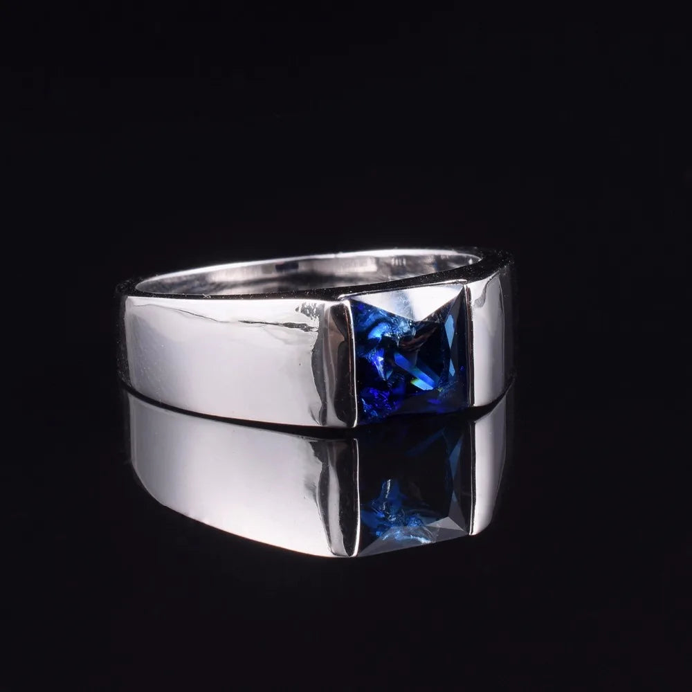 Eternity Ring for Men: 925 Sterling Silver, Square Blue Sapphire, Solitaire, Sizes 8-12 | Genuine Gemstone
