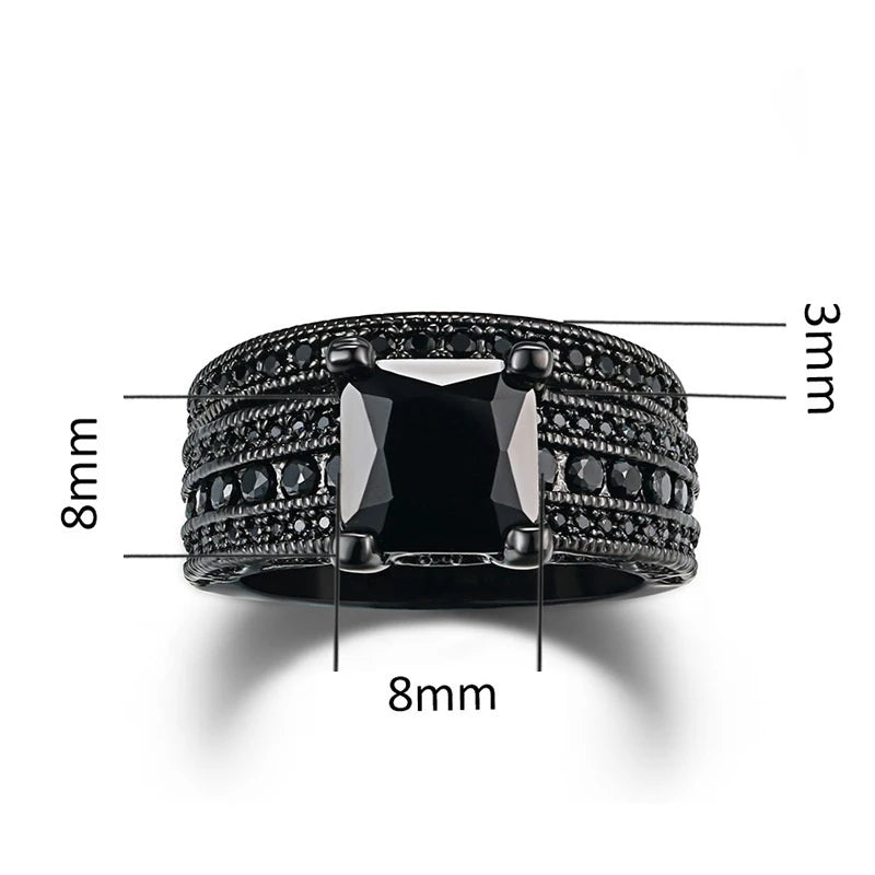Couple Lovers Rings Women's Black Zircon Engagement Ring Set Men's Stainless Steel Wedding Band Anniversary Gift