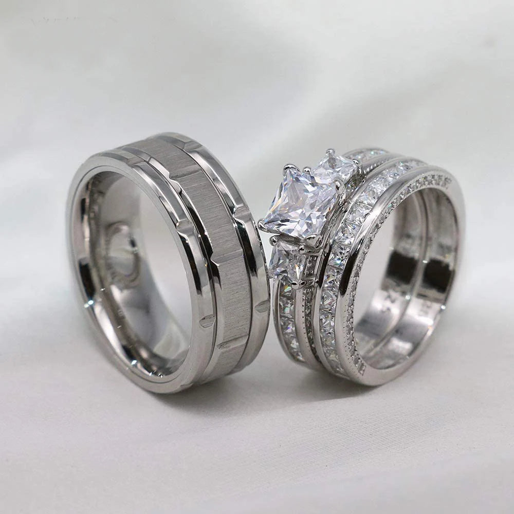 Rings Women Exquisite Rhinestones Zirconia Rings Set Simple Stainless Steel Men Ring Fashion Jewelry For Lover Gifts