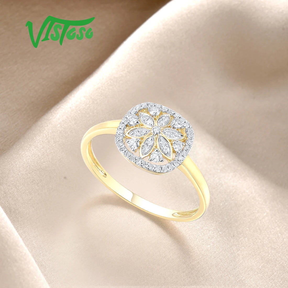 Genuine 14K 585 Yellow Gold Ring For Women Sparkling Diamond Flower Ring Delicate Wedding Engagement Trendy Fine Jewelry
