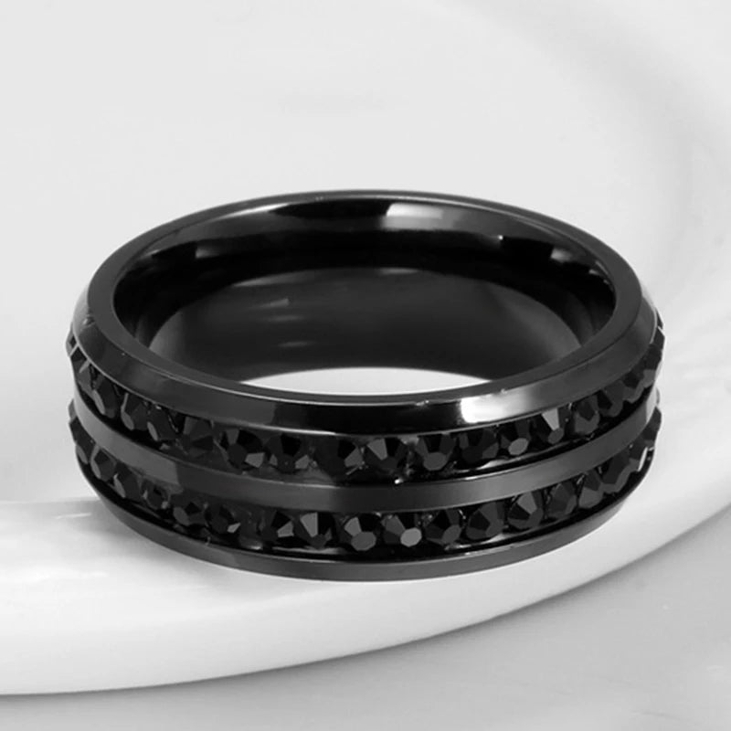 Trendy Couple Rings Women Black Heart Crystal CZ Rings Set Men's Two Rows Black CZ Stone Stainless Steel Ring Wedding Jewelry