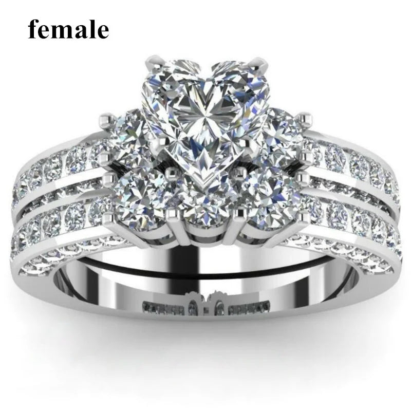 Trendy Rings Women's Heart White Crystal Rhinestones Rings Set Men's CZ Stainless Steel Ring Wedding Engagement Jewelry