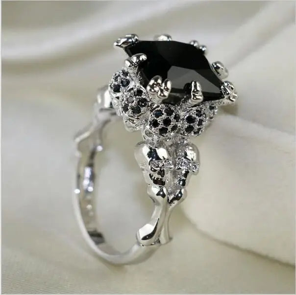 10KT White Gold Skull Ring with 4CT Black Obsidian: Unique Punk Jewelry for Women & Men