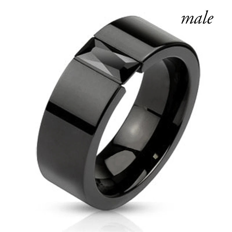 Couple Lovers Rings Women's Black Zircon Engagement Ring Set Men's Stainless Steel Wedding Band Anniversary Gift