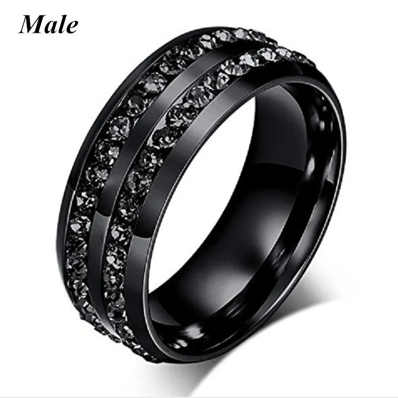 Trendy Couple Rings Women Black Heart Crystal CZ Rings Set Men's Two Rows Black CZ Stone Stainless Steel Ring Wedding Jewelry