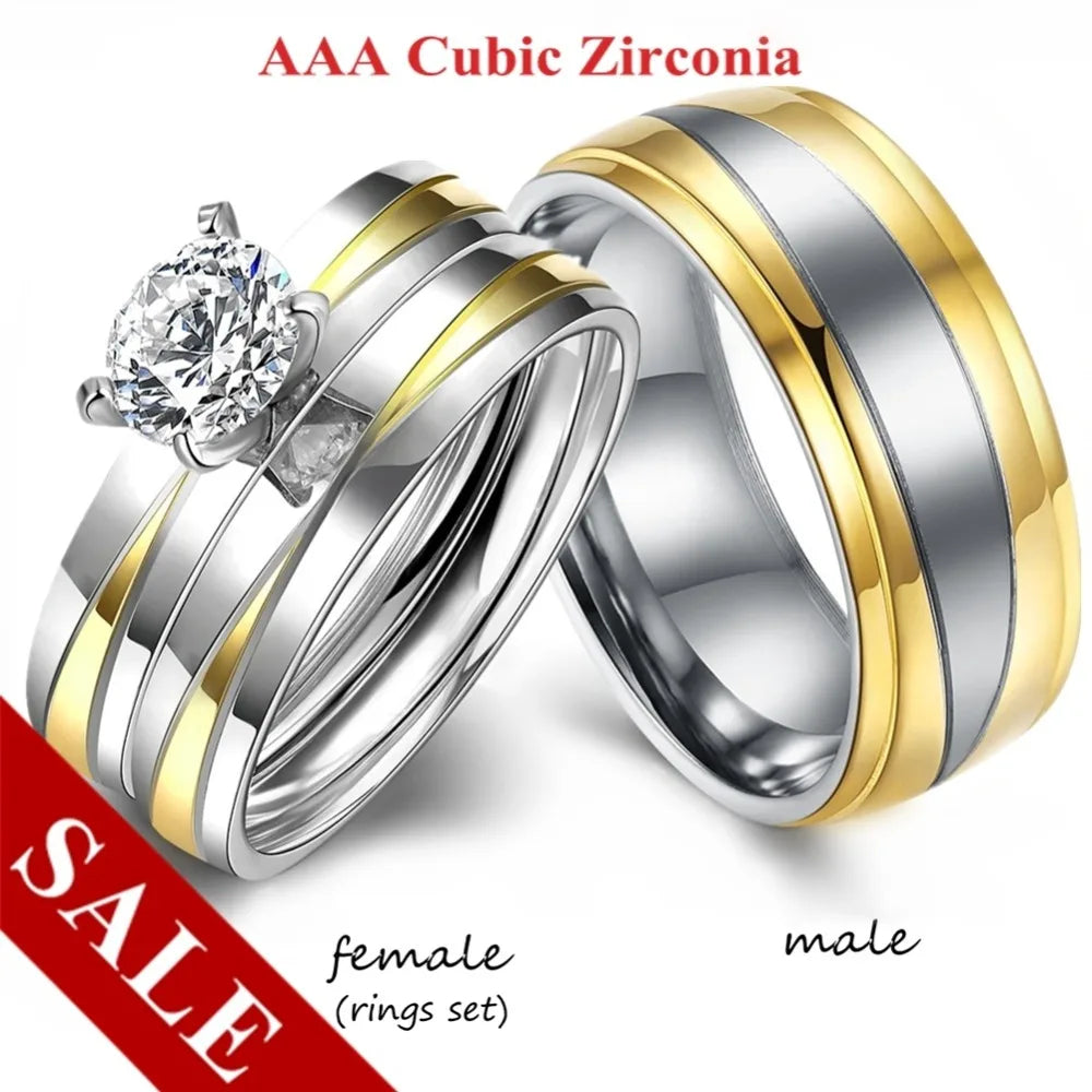 Couple Rings Women White Crystal Rhinestones Rings Set Men Stainless Steel Rings Wedding Band Jewelry Gifts For Lover