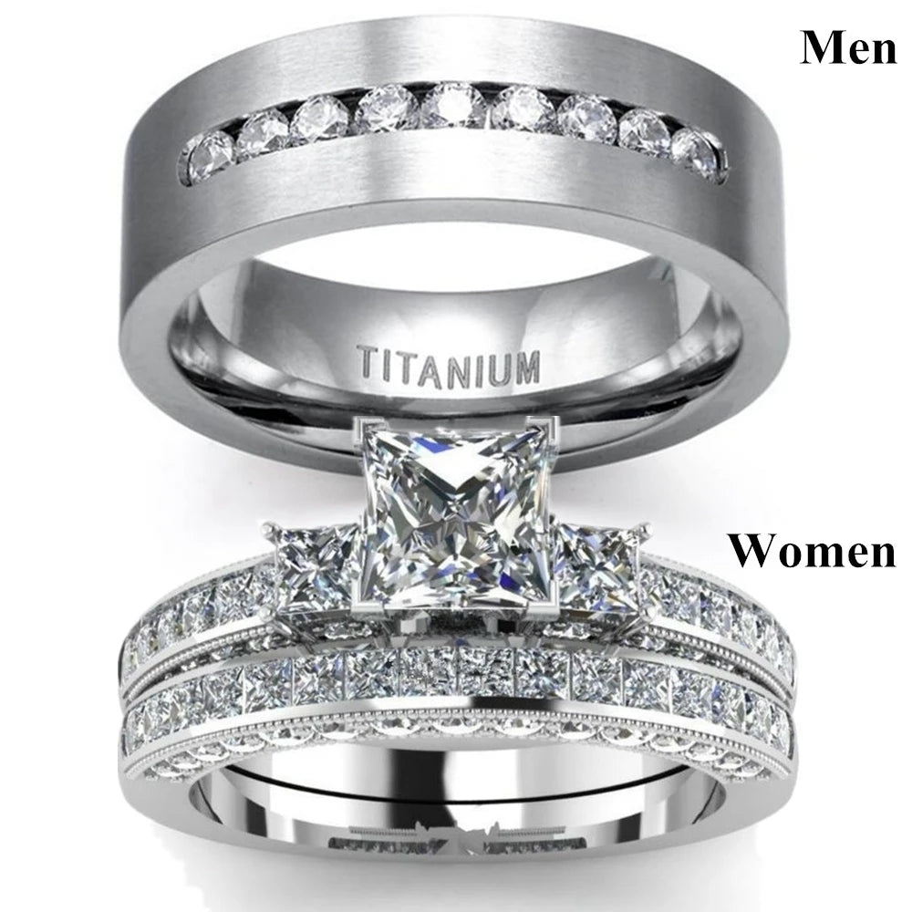 Couple Rings Men's CZ Stainless Steel Ring Women Square Cut Crystal Rhinestones Rings Set Wedding Engagement Jewelry