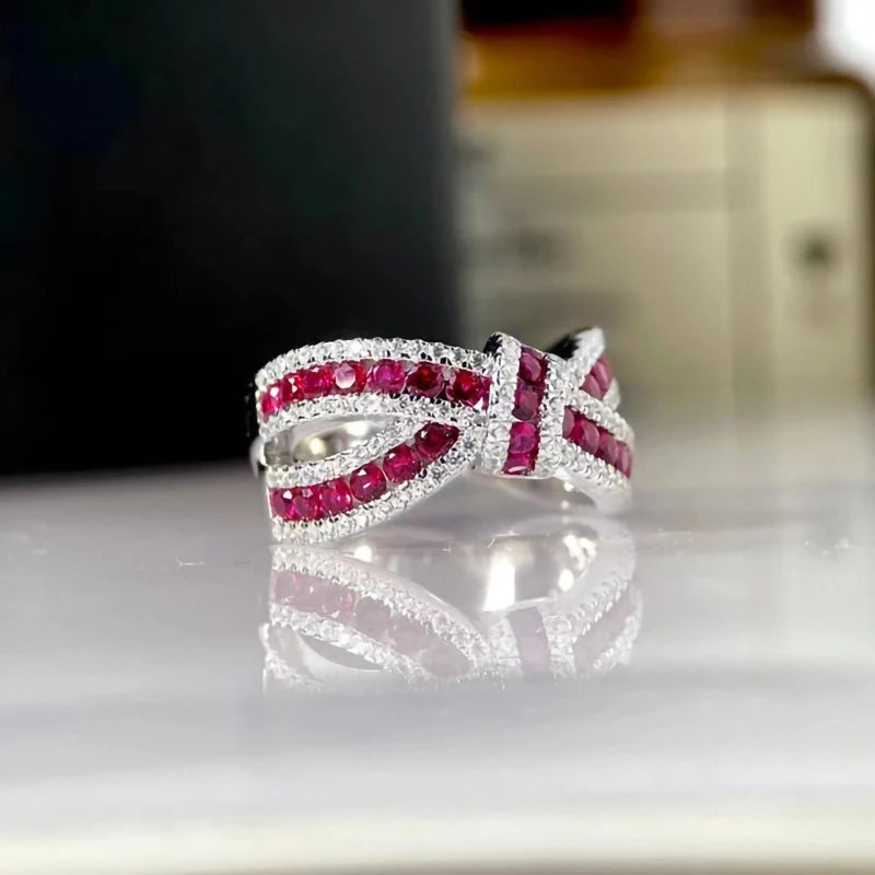 Natural Ruby Bow Gemstone Ring S925 Sterling Silver Romantic Woman Anniversary Party High Jewelry
