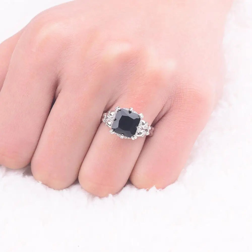 10KT White Gold Skull Ring with 4CT Black Obsidian: Unique Punk Jewelry for Women & Men