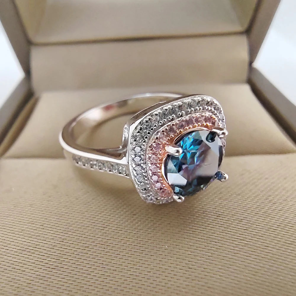 Around Diamond S925 Silver Jewelry Ring 1 Carat Moissanite Blue Pink Green Yellow Pass Diamond Test Wedding Party Gift