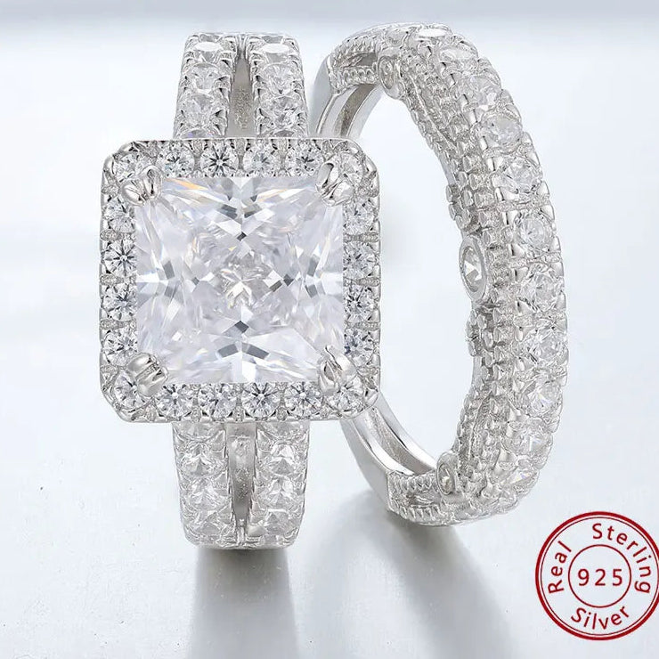 Vintage Wedding Rings for Women Solid 925 Sterling Silver 4Ct Princess Cut 5A Cubic Zircon 2Pcs Bridal Set Fine Jewelry
