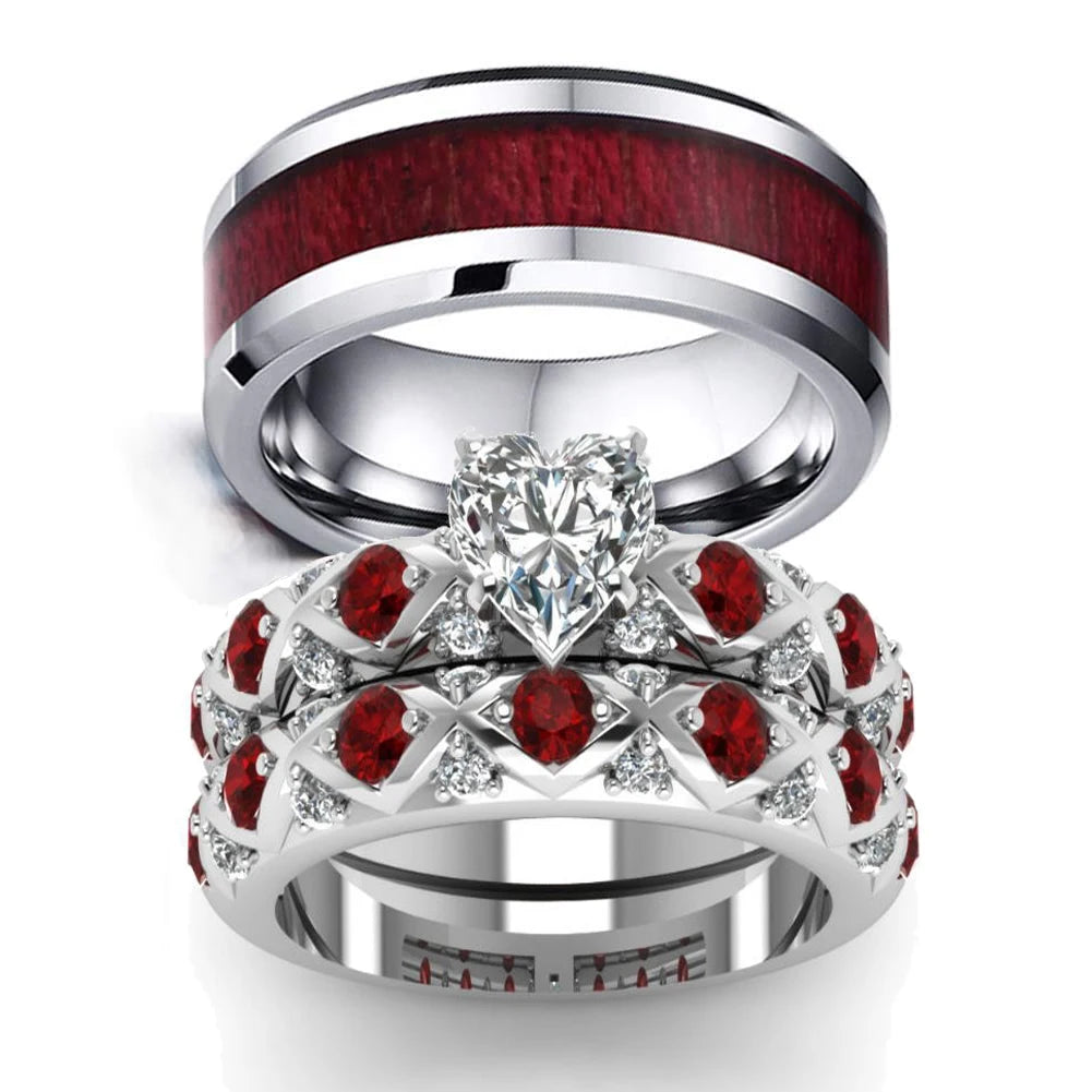 Fashion Couple Rings Women Heart White Crystal CZ Rings Set Men's Red Wood Inlay Stainless Steel Ring Wedding Band Jewelry Gifts