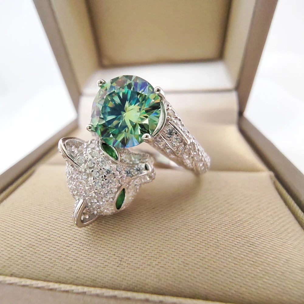 2CT Green Moissanite Leopard Ring with Certificate 100% - S925 Sterling Silver Women's Jewelry Anniversary Gift